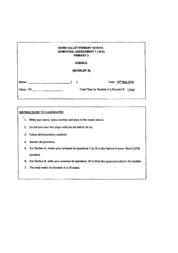 River Valley P3 Sci WA2 2016 exam paper PDF first page preview