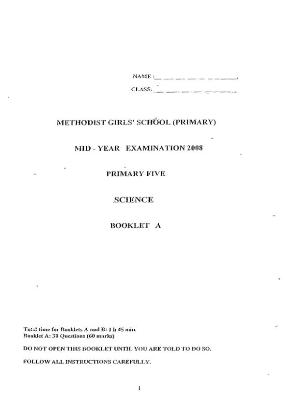 Methodist Girls P5 Sci WA2 2008 exam paper PDF preview