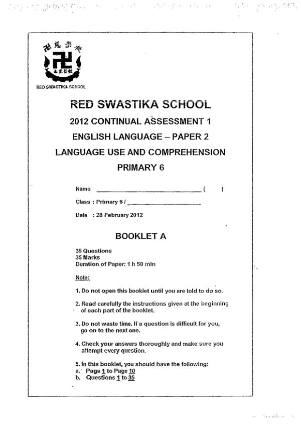 Red Swastika P6 Eng WA1 2012 exam paper PDF first page preview