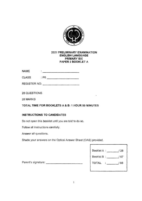 Henry Park P6 Eng SA2 2021 exam paper PDF first page preview