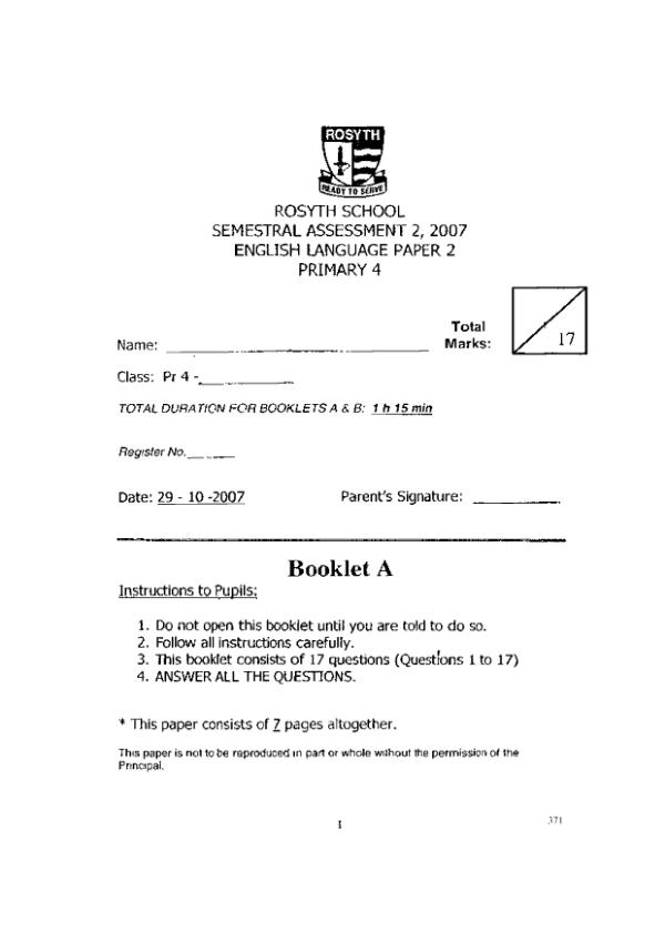 Rosyth P4 Eng SA2 2007 exam paper PDF first page preview