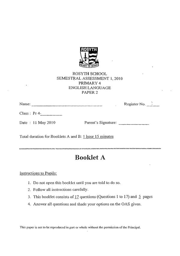 Rosyth P4 Eng WA2 2010 exam paper PDF first page preview