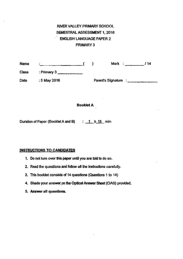 River Valley P3 Eng WA2 2016 exam paper PDF first page preview