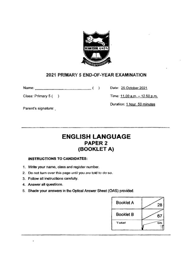 Tao Nan P5 Eng SA2 2021 exam paper PDF preview