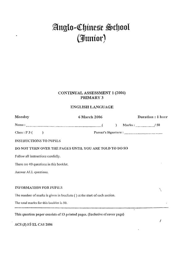 Anglo Chinese P3 Eng WA1 2006 exam paper PDF preview