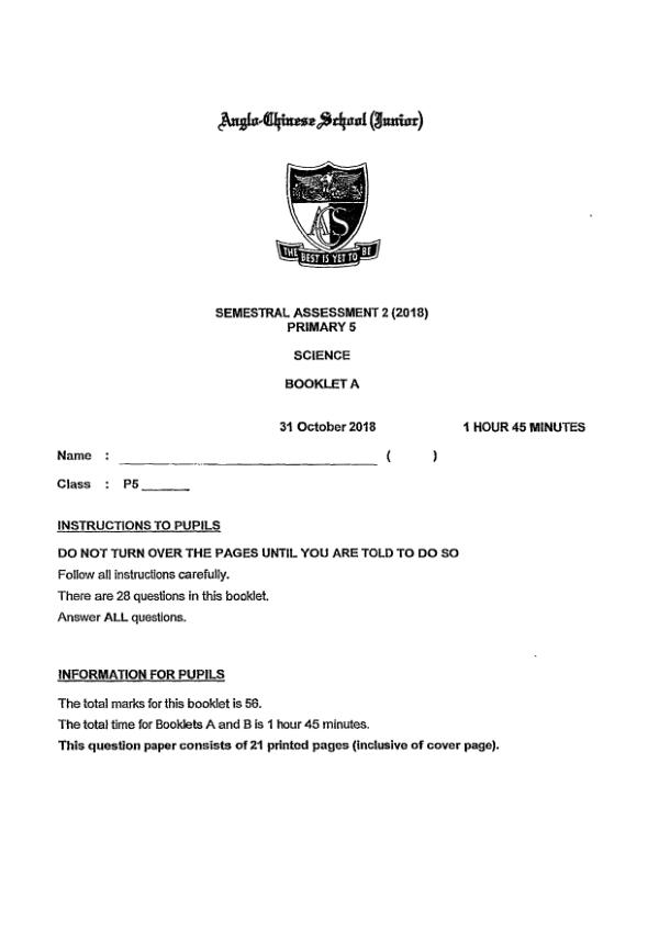Anglo Chinese P5 Sci SA2 2018 exam paper PDF preview