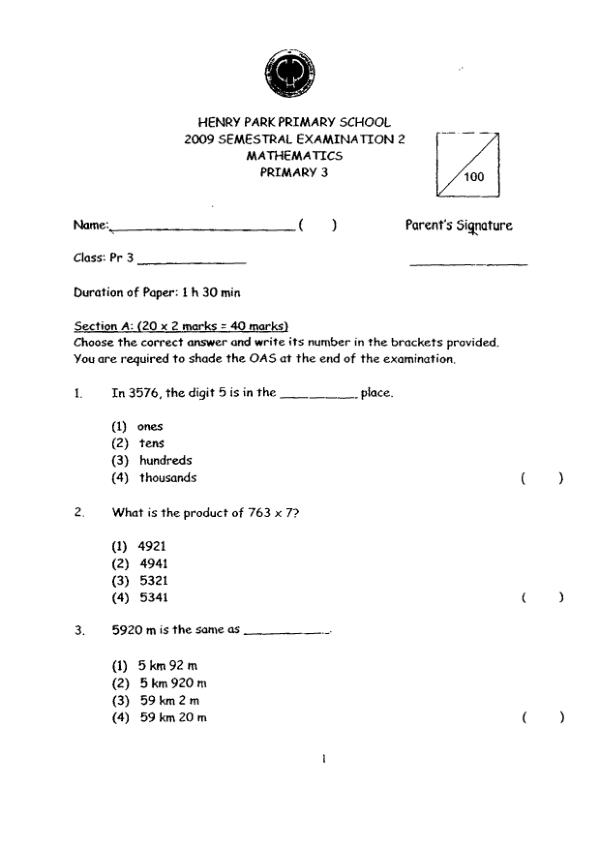 Henry Park P3 Math SA2 2009 exam paper PDF preview
