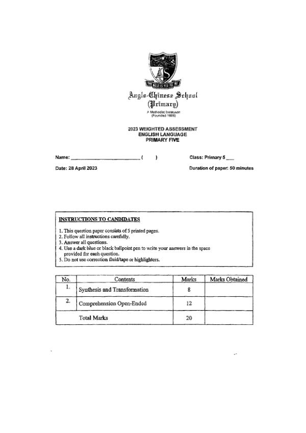 Anglo Chinese P5 Eng WA3 2023 exam paper PDF first page preview