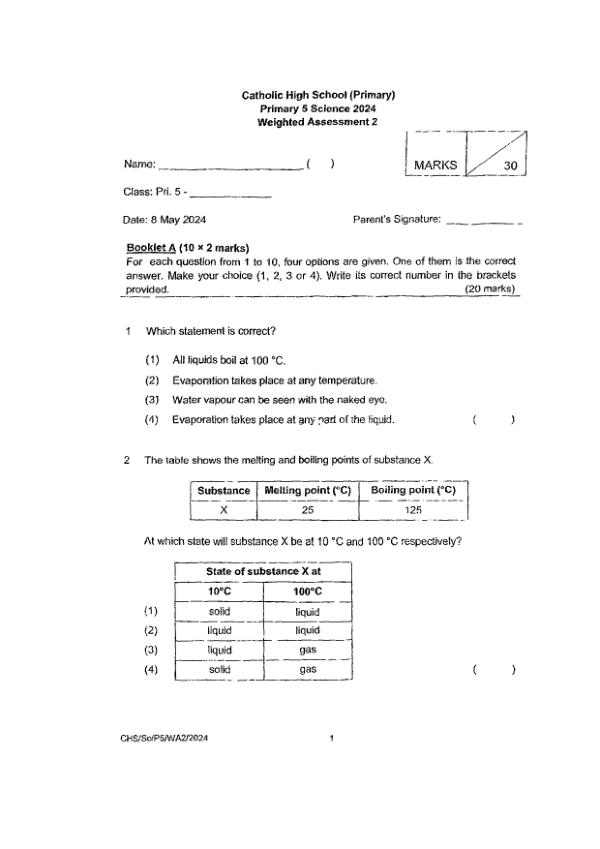 First page preview of P5 Sci 2024 WA2 — Catholic High