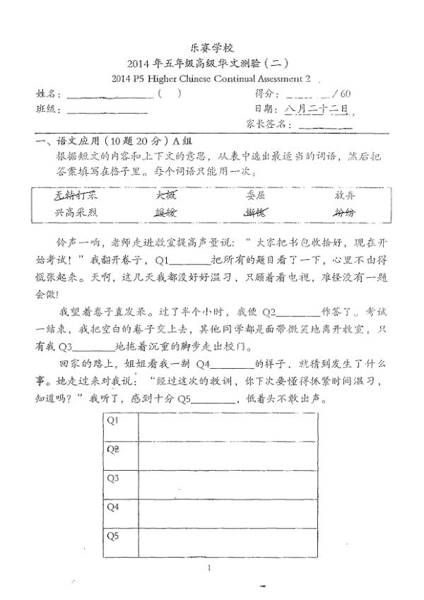 Rosyth P5 Chi WA3 2014 exam paper PDF first page preview