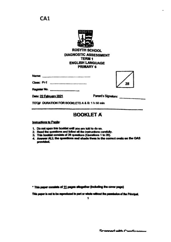 Rosyth P6 Eng WA1 2021 exam paper PDF first page preview