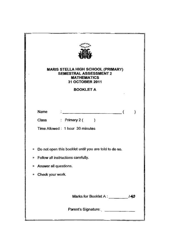 First page preview of P2 Math 2011 SA2 — Maris Stella High