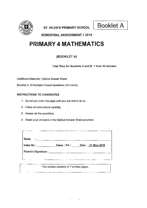 First page preview of P4 Math 2019 WA2 — St Hildas