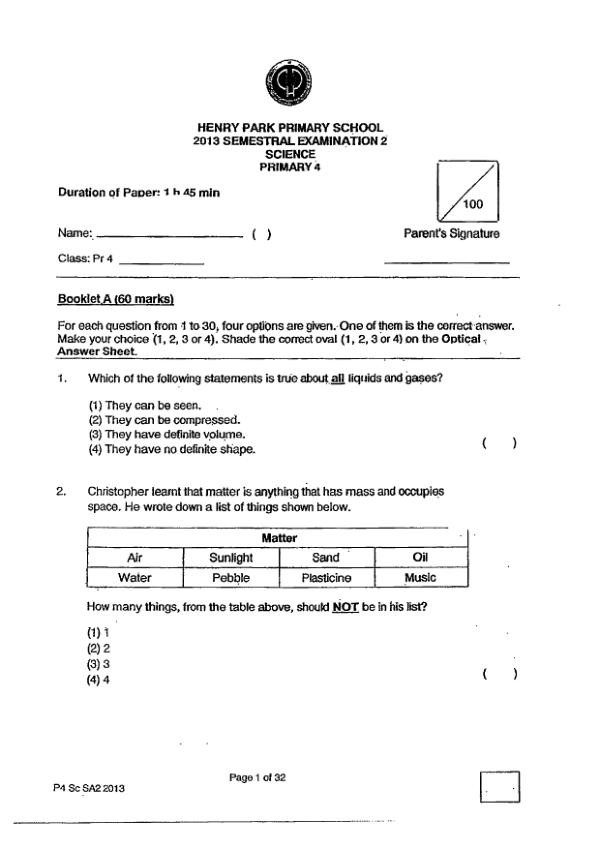 Henry Park P4 Sci SA2 2013 exam paper PDF preview