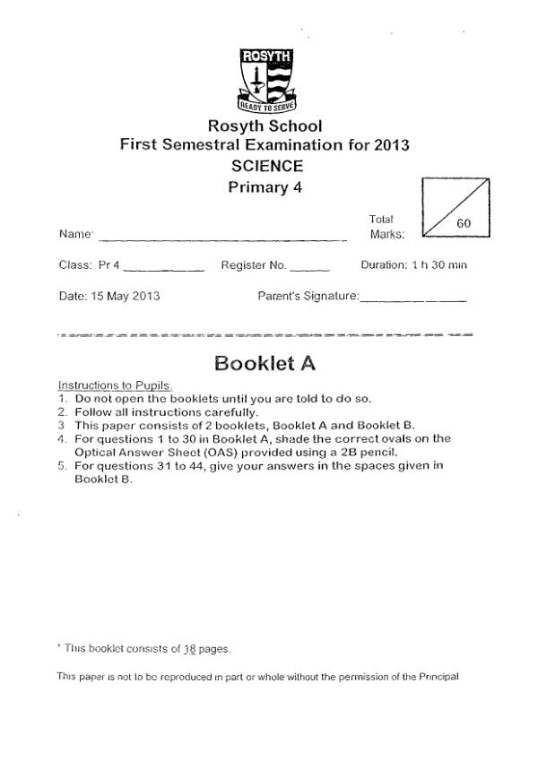 Rosyth P4 Sci WA2 2013 exam paper PDF preview