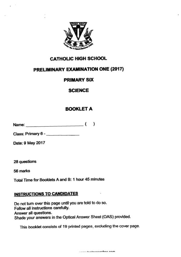 Catholic High P6 Sci WA2 2017 exam paper PDF preview