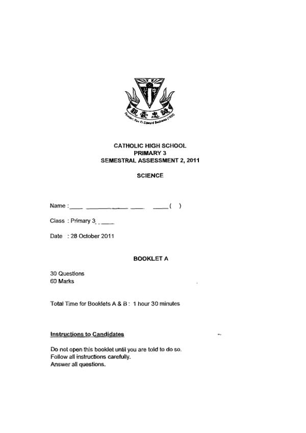 Catholic High P3 Sci SA2 2011 exam paper PDF preview