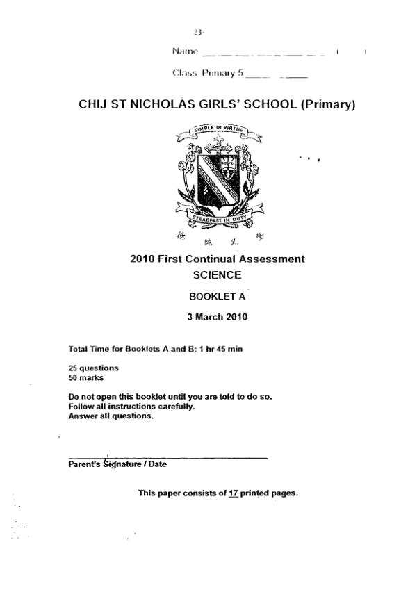 CHIJ P5 Sci WA1 2010 exam paper PDF preview