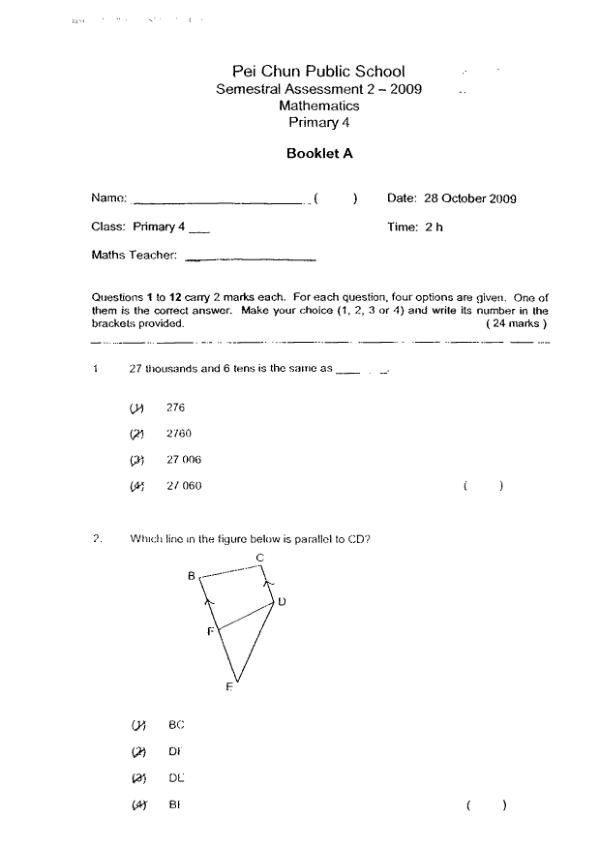 Pei Chun P4 Math SA2 2009 exam paper PDF preview
