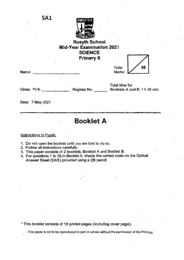 Rosyth P6 Sci WA2 2021 exam paper PDF first page preview