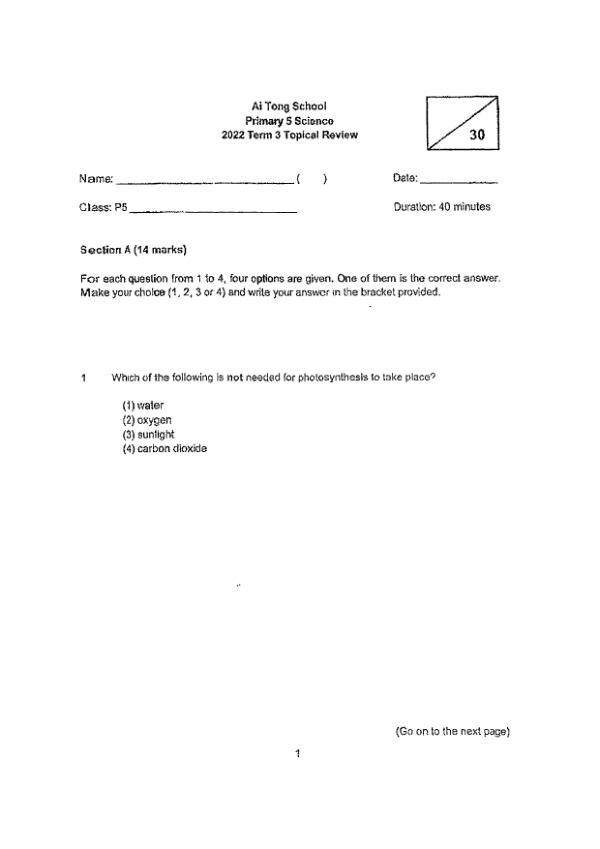 Ai Tong P5 Sci WA3 2022 exam paper PDF preview