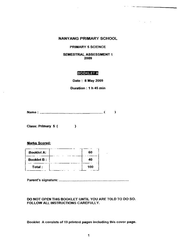 Nanyang P5 Sci WA2 2009 exam paper PDF first page preview