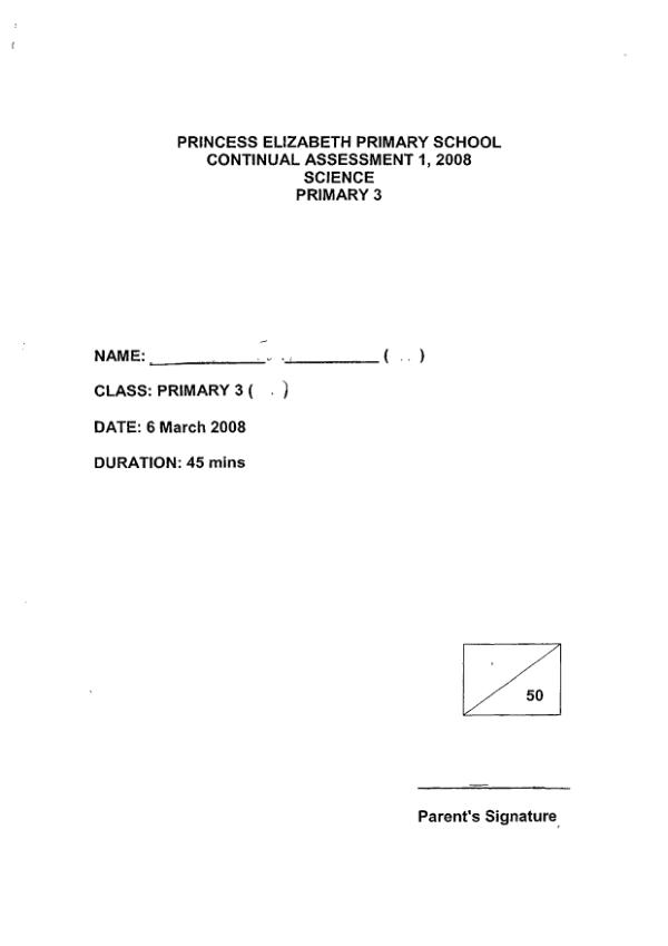 Princess Elizabeth P3 Sci WA1 2008 exam paper PDF preview