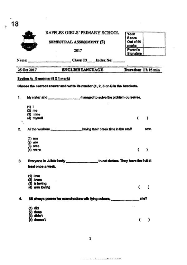 Raffles Girls P3 Eng SA2 2017 exam paper PDF first page preview