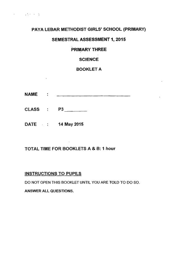 Methodist Girls P3 Sci WA2 2015 exam paper PDF first page preview