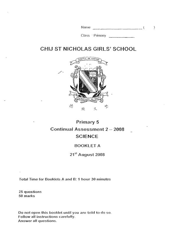 CHIJ P5 Sci WA3 2008 exam paper PDF first page preview