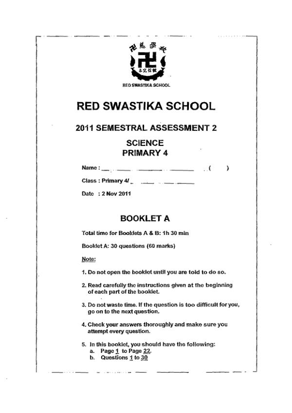 Red Swastika P4 Sci SA2 2011 exam paper PDF first page preview