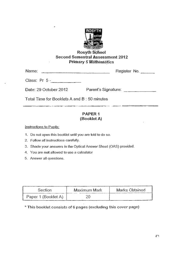 Rosyth P5 Math SA2 2012 exam paper PDF preview