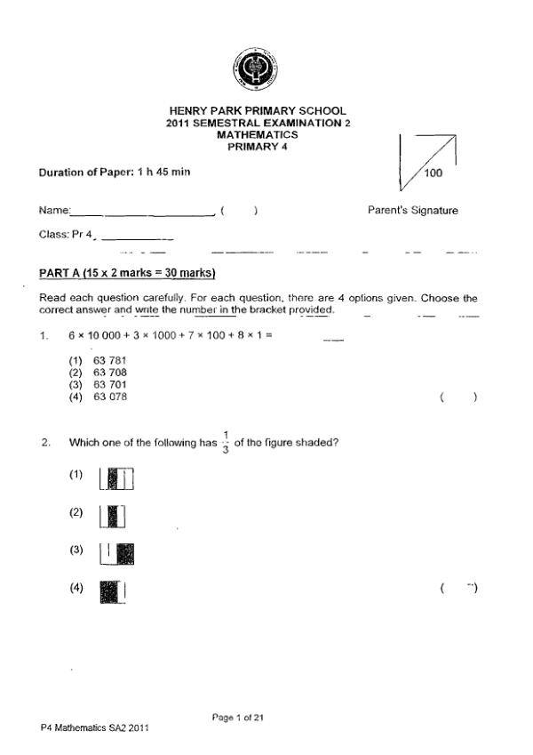 Henry Park P4 Math SA2 2011 exam paper PDF preview