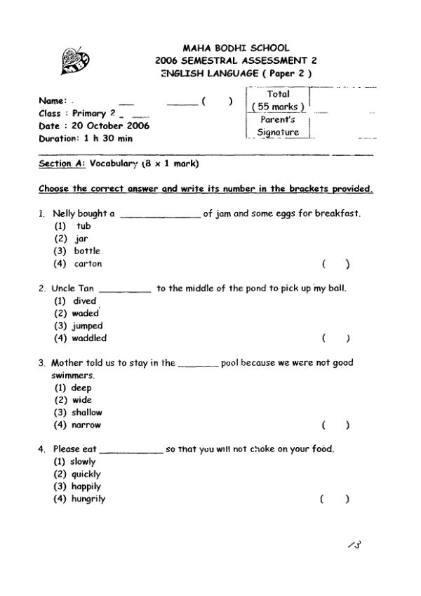 Maha Bodhi P2 Eng SA2 2006 exam paper PDF preview