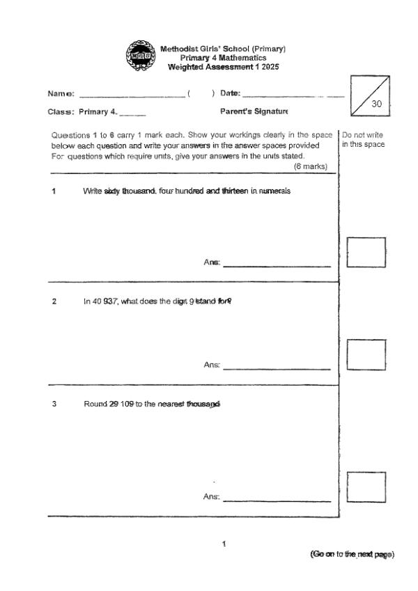 First page preview of P4 Math 2025 WA1 — Methodist Girls