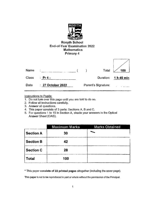 First page preview of P4 Math 2022 SA2 — Rosyth