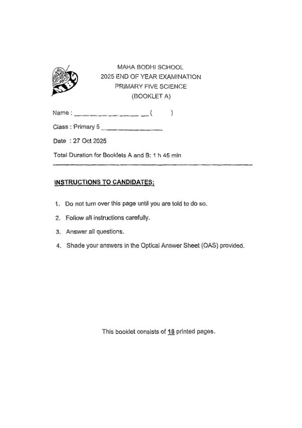 First page preview of P5 Sci 2025 SA2 — Maha Bodhi