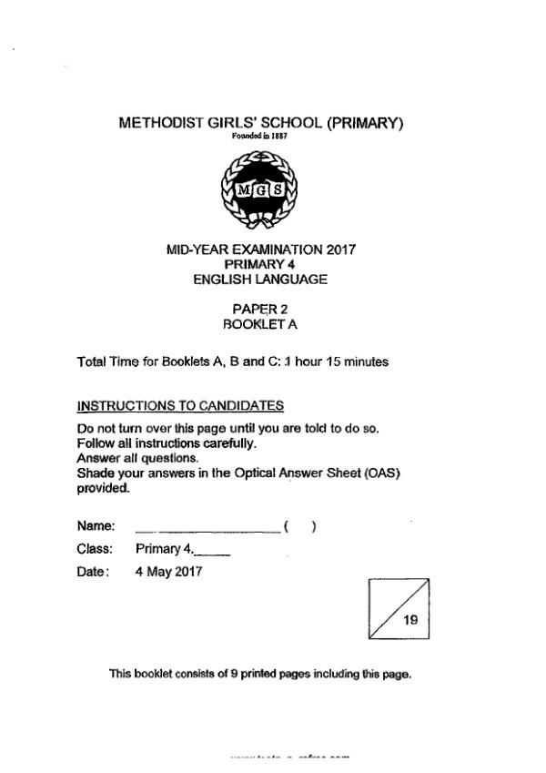 Methodist Girls P4 Eng WA2 2017 exam paper PDF first page preview