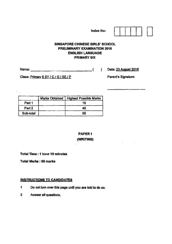 Singapore Chinese Girls P6 Eng SA2 2016 exam paper PDF preview