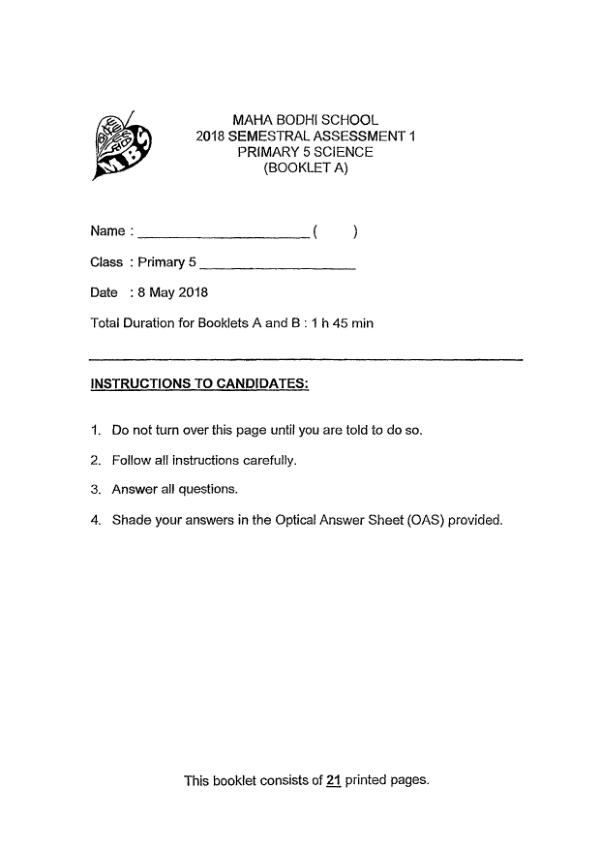 Maha Bodhi P5 Sci WA2 2018 exam paper PDF first page preview