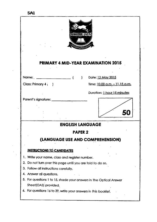 Tao Nan P4 Eng WA2 2015 exam paper PDF first page preview