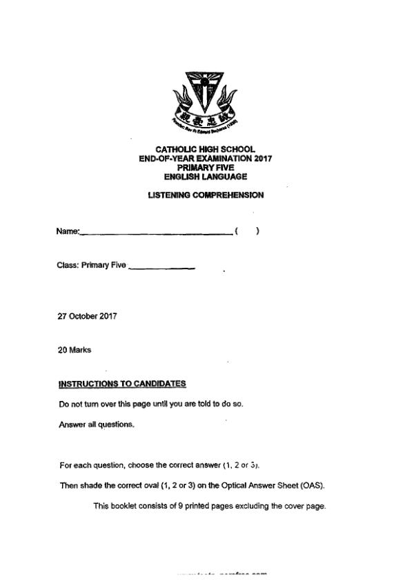 Catholic High P5 Eng SA2 2017 exam paper PDF first page preview