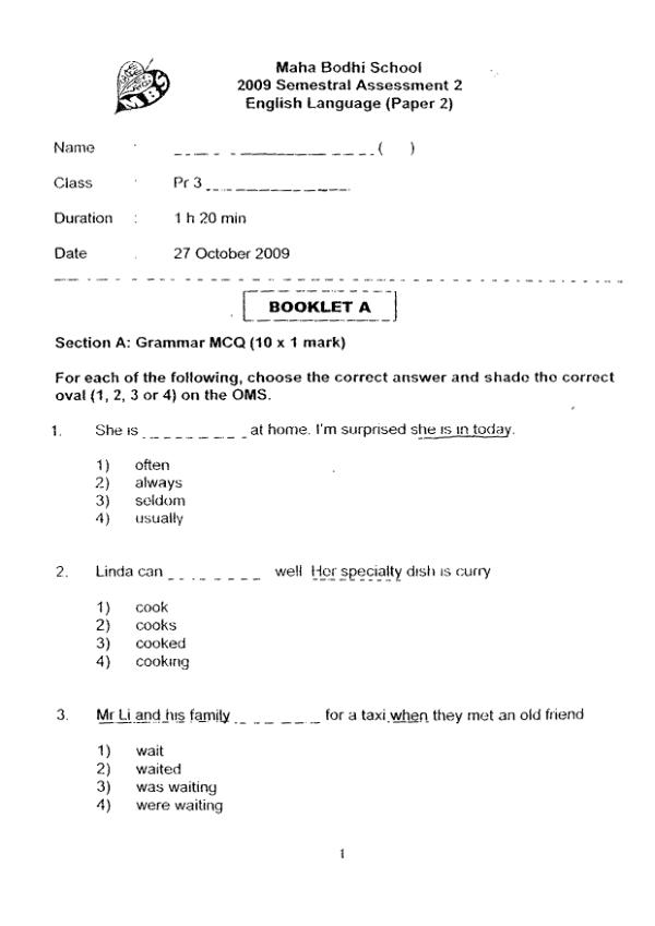 Maha Bodhi P3 Eng SA2 2009 exam paper PDF preview