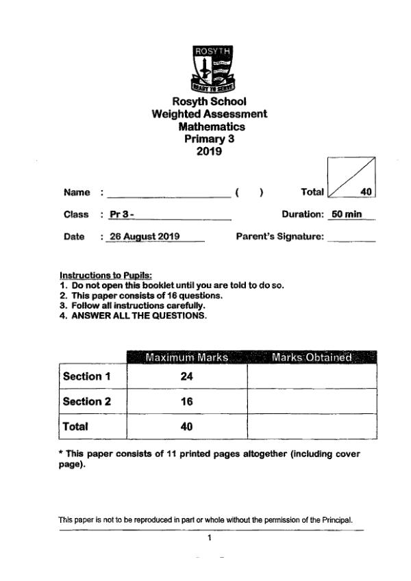 First page preview of P3 Math 2019 WA3 — Rosyth