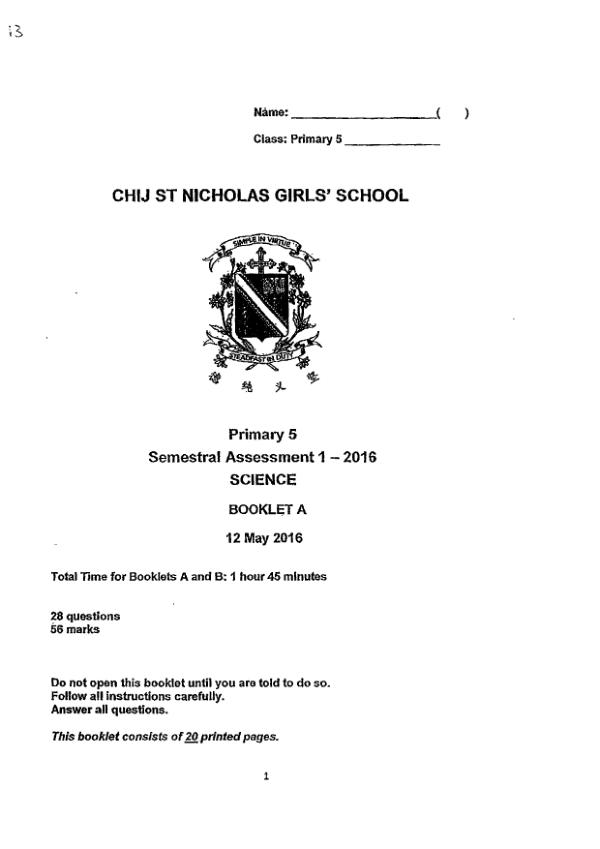 CHIJ P5 Sci WA2 2016 exam paper PDF first page preview
