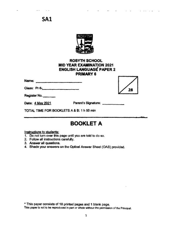 Rosyth P6 Eng WA2 2021 exam paper PDF first page preview