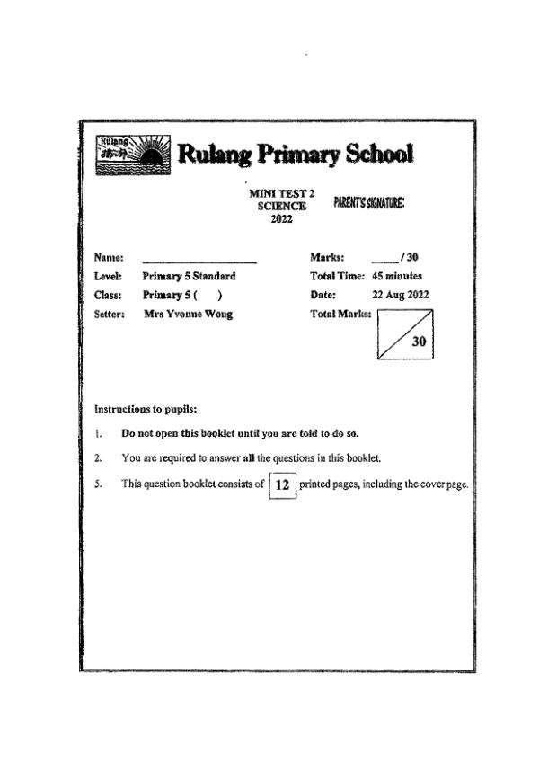 Rulang P5 Sci WA3 2022 exam paper PDF first page preview