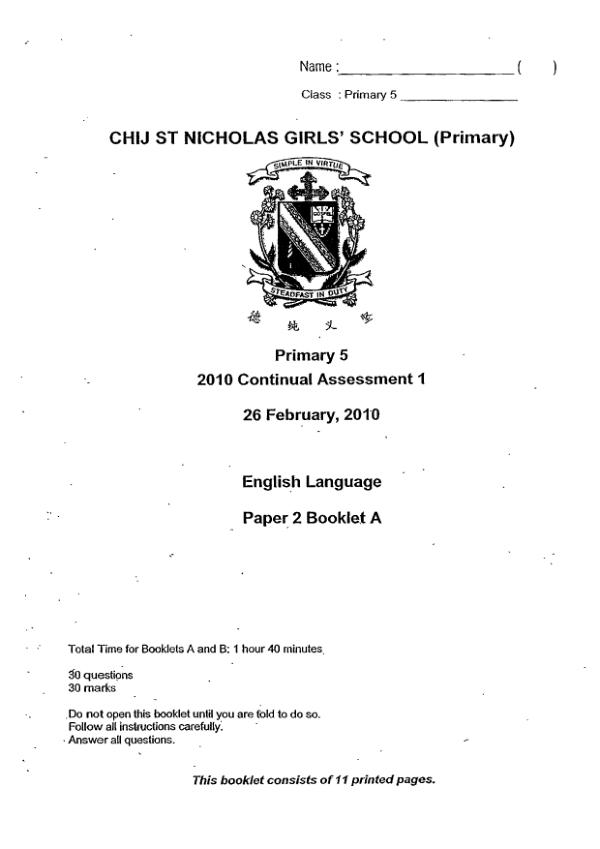 CHIJ P5 Eng WA1 2010 exam paper PDF first page preview
