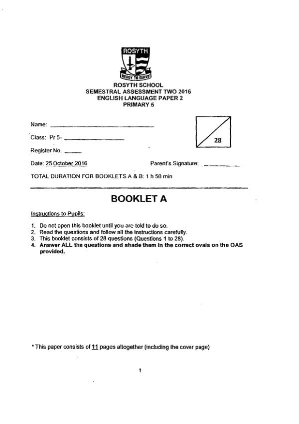 Rosyth P5 Eng SA2 2016 exam paper PDF preview