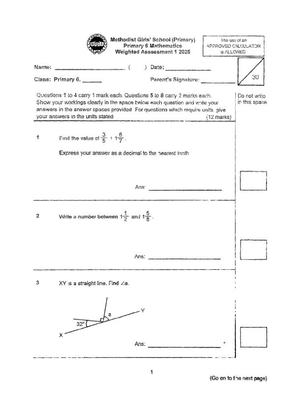 First page preview of P6 Math 2025 WA1 — Methodist Girls